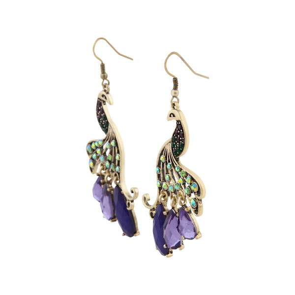 Jewelled Peacock Earrings In Burnished Gold