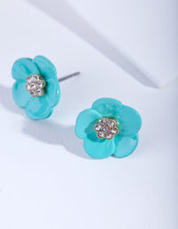 Teal Flower Diamante Stud Earrings - link has visual effect only