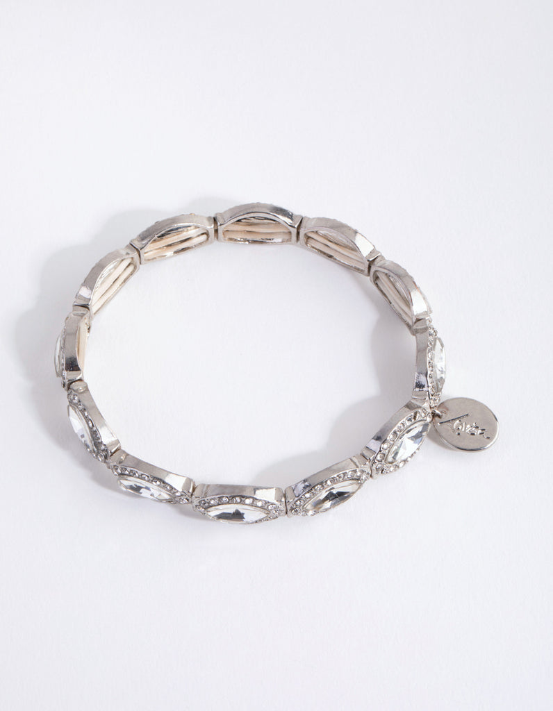 Silver Navette Stone Evil Eye Stretch Bracelet