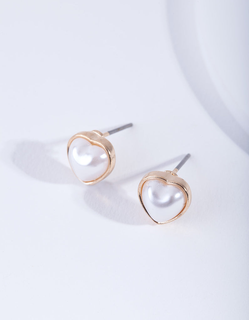 Gold Mini Pearl Heart Stud Earrings