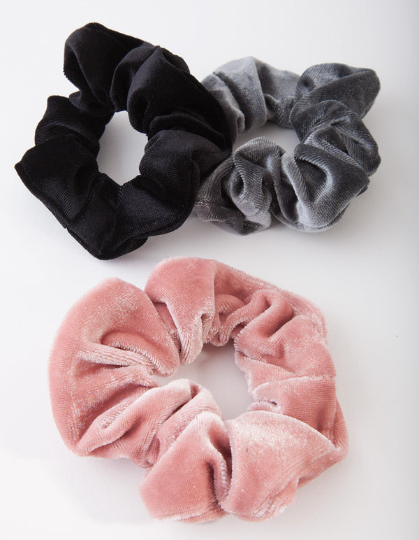 Grey Pink Black Velvet Scrunchie Pack