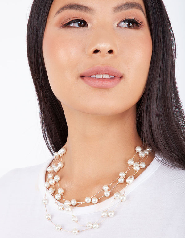 Rose Gold Layered Pearl Station Necklace