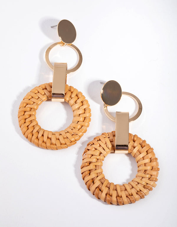 Gold Brown Raffia Circle Link Earrings