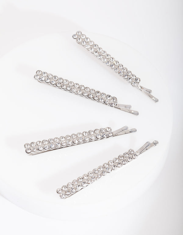 Silver Double Row Diamante Clip 4-Pack