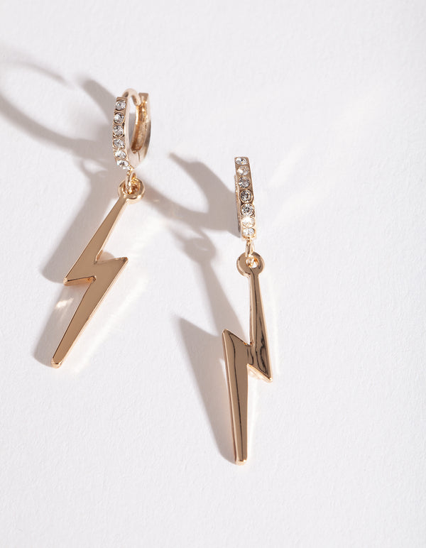 Gold Lightning Bolt Charm Huggie Earrings