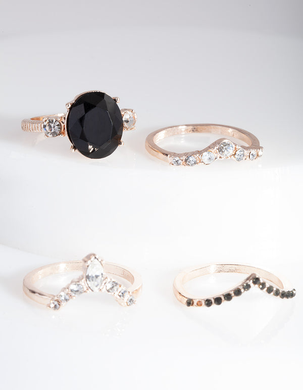 Rose Gold Black Stone Ring Stack