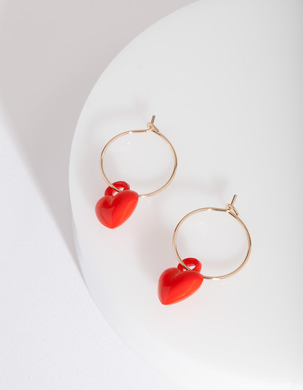 Red Heart Charm Hoop Earrings