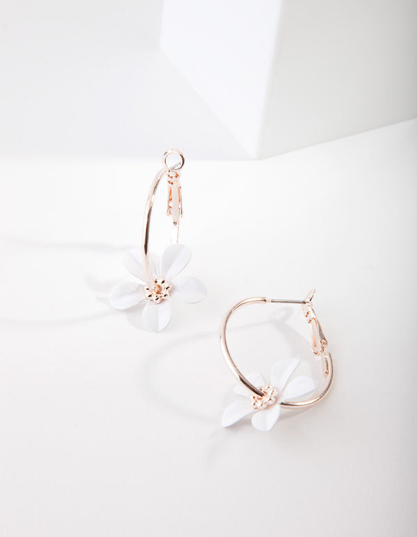 Rose Gold White Flower Hoop Earrings