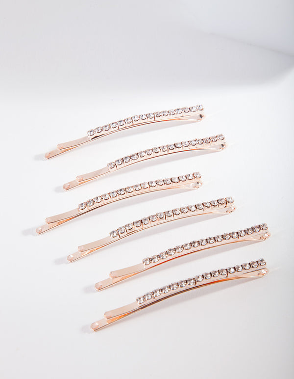 Rose Gold Fine Diamante Clip 6-Pack