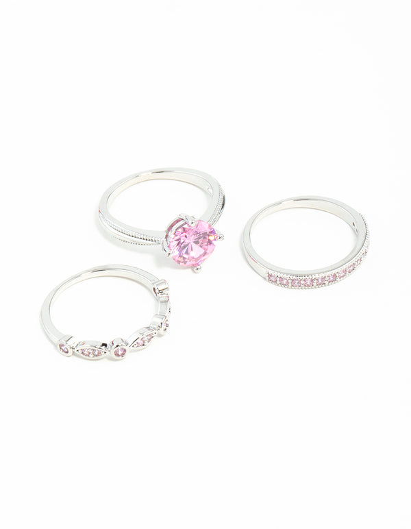 Pink Cubic Zirconia 3 Ring Stack Pack