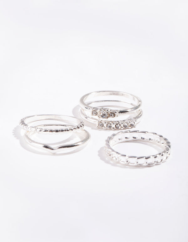 Silver Diamante & Chain 5 Stack Ring