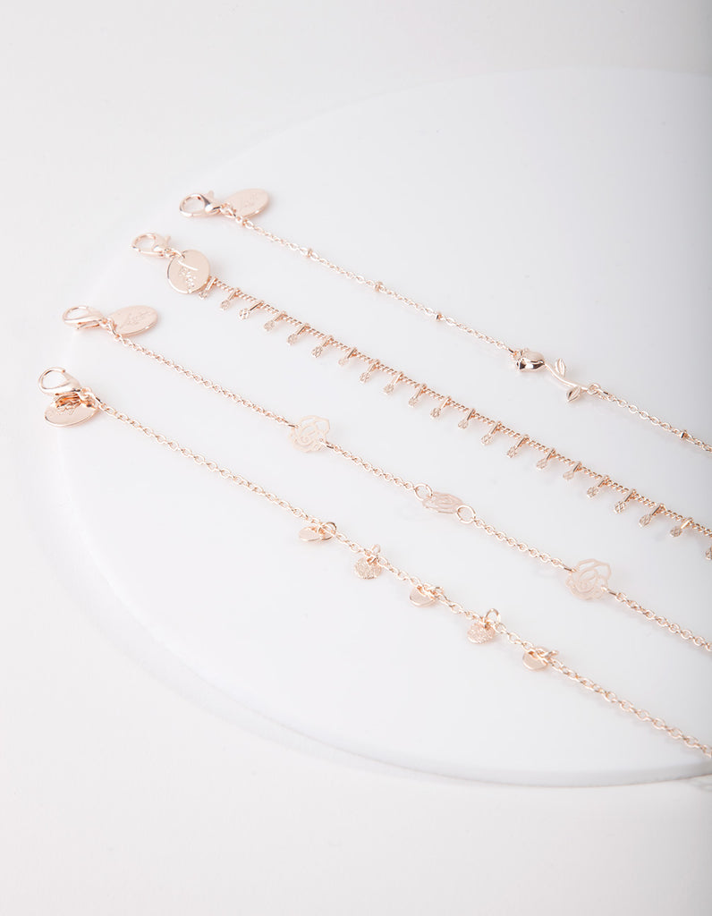 Rose Gold Floral Anklet Bracelet 4-Pack