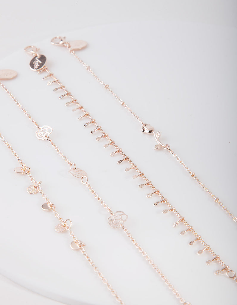 Rose Gold Floral Anklet Bracelet 4-Pack