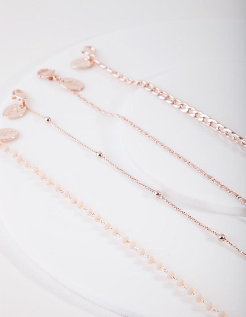 Rose Gold Mix Chain Bead Anklet Bracelet 4-Pack