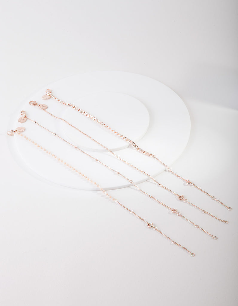 Rose Gold Mix Chain Bead Anklet Bracelet 4-Pack