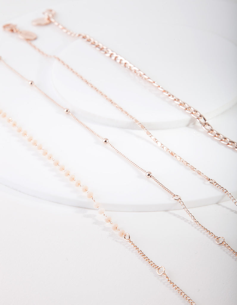 Rose Gold Mix Chain Bead Anklet Bracelet 4-Pack