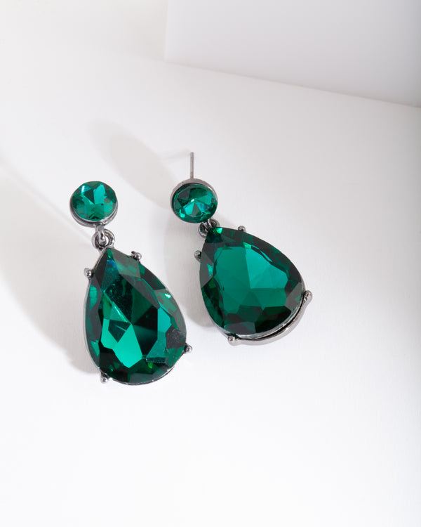 Green Gunmetal Teardrop Gem Earrings