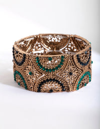 Antique Gold Green Filigree Diamante Stretch Bracelet - link has visual effect only