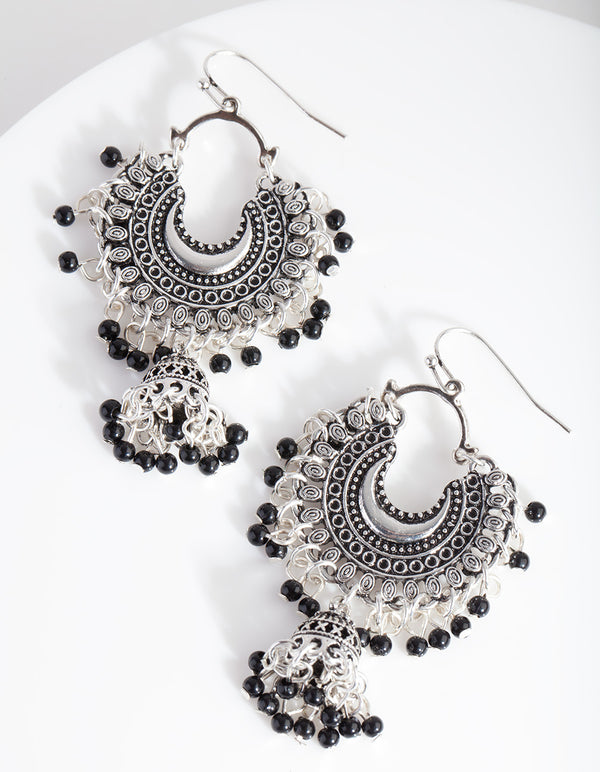 Mini Antique Silver Bead Tassel Drop Earrings