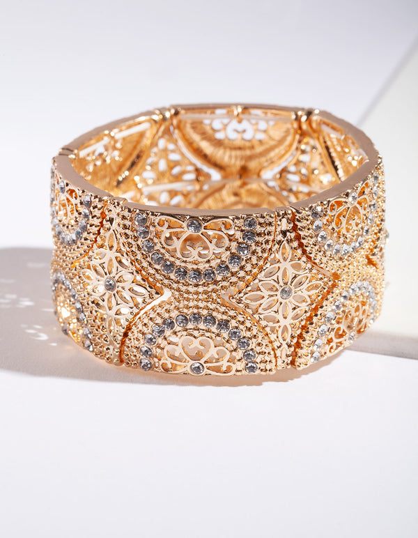 Gold Filigree Diamante Stretch Bracelet