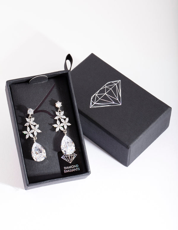 Rhodium Diamond Simulant Flower Teardrop Earrings