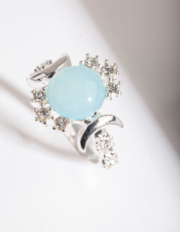 Silver Vanilla Synthetic Opal Moon Diamante Ring