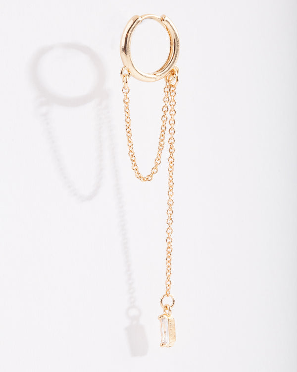 Gold Baguette Chain Drop Huggie Earrings