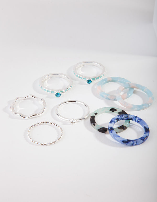 Silver Blue Marble Ring 9-Pack