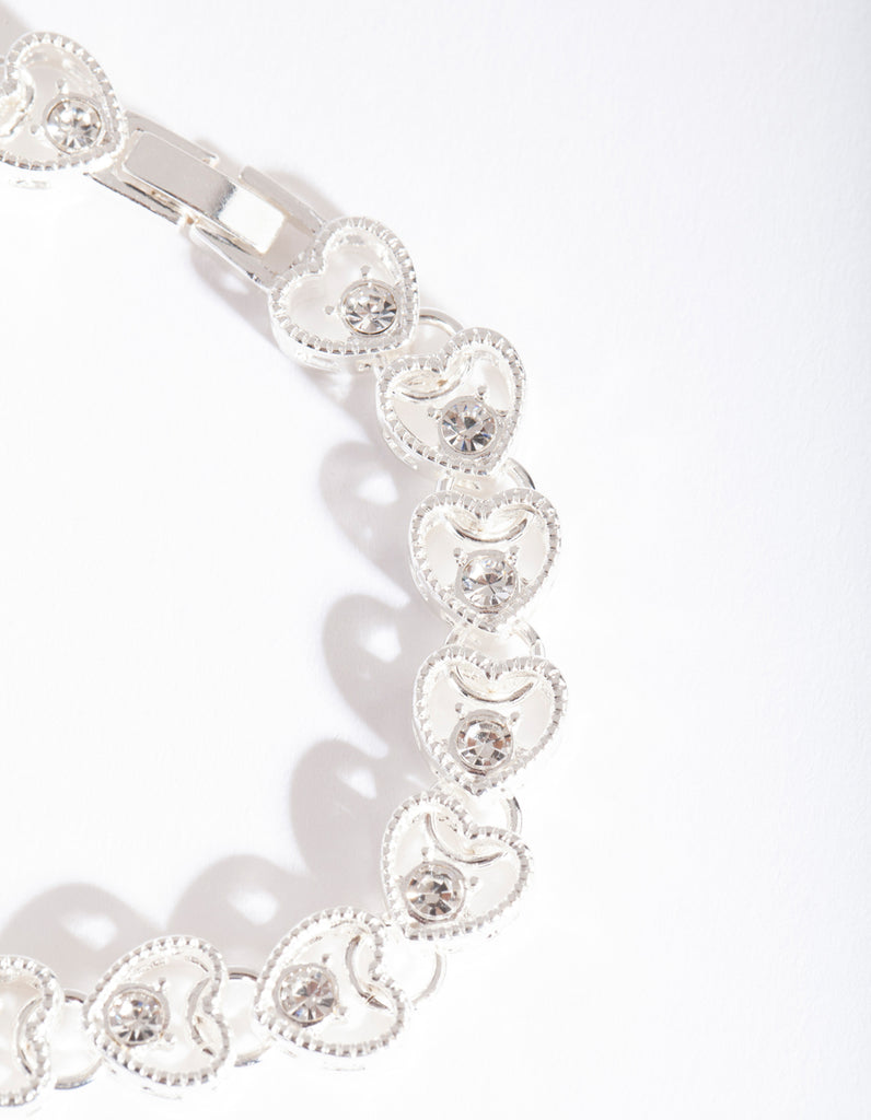 Silver Diamante Heart Link Bracelet