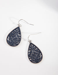 Gunmetal Blue Pattern Teardrop Earrings - link has visual effect only