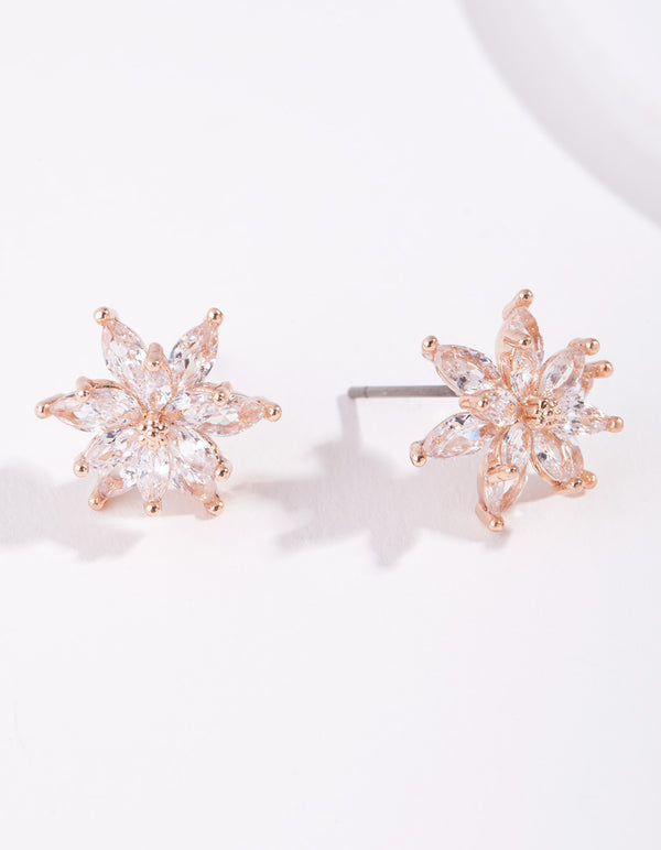 Gold Diamond Simulant Flower Stud Earrings