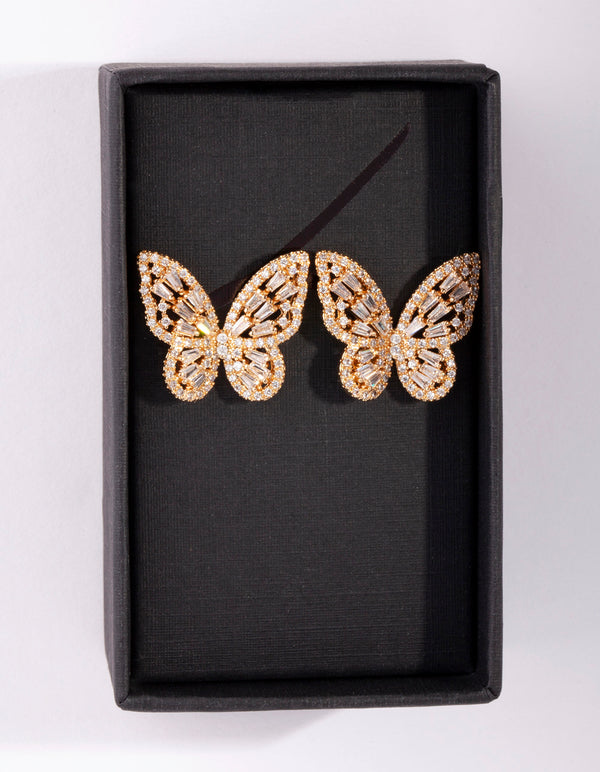 Gold Diamond Simulant Butterfly Stud Earrings