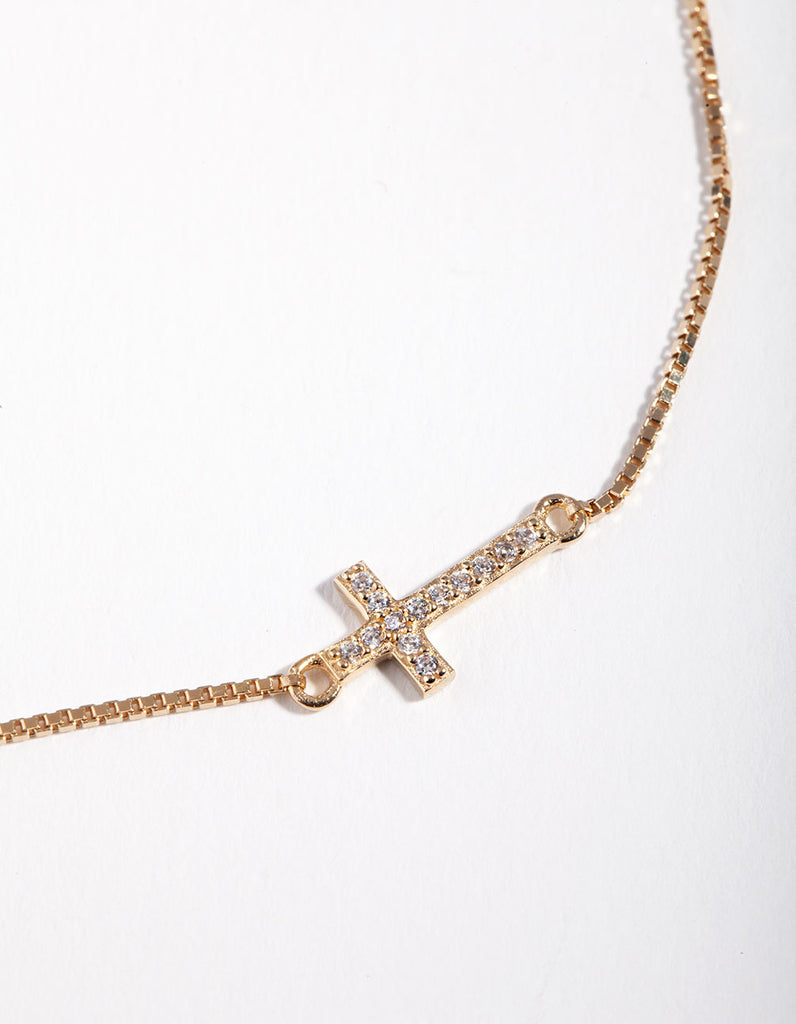 Gold Plated Sterling Silver Cubic Zirconia Cross Toggle Bracelet