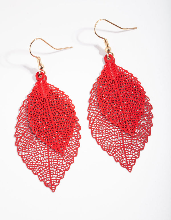 Red Double Leaf Drop Earrings