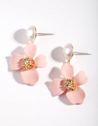 Gold Matte Pink Flower Drop Earrings - link has visual effect only