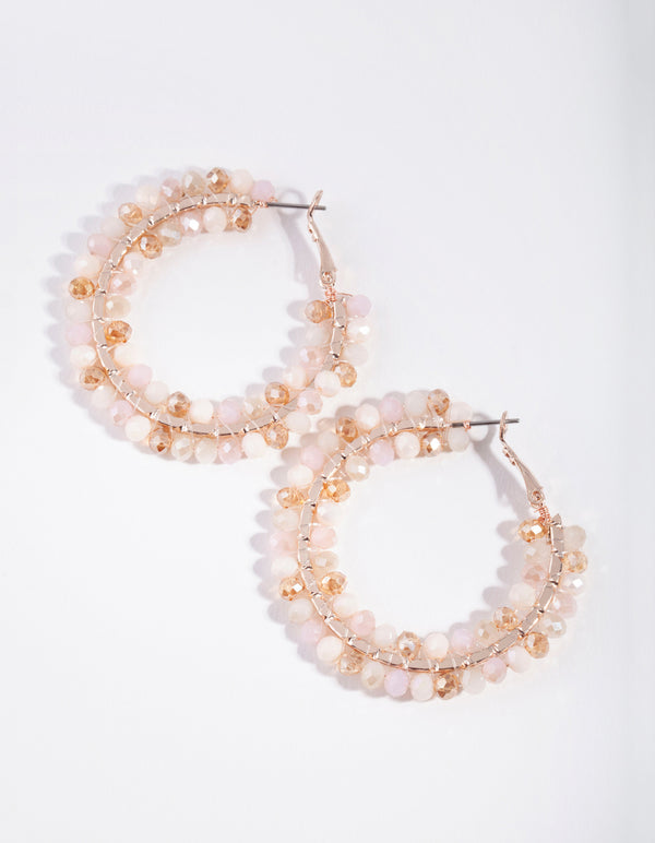 Rose Gold Pink Facet Bead Hoop Earrings