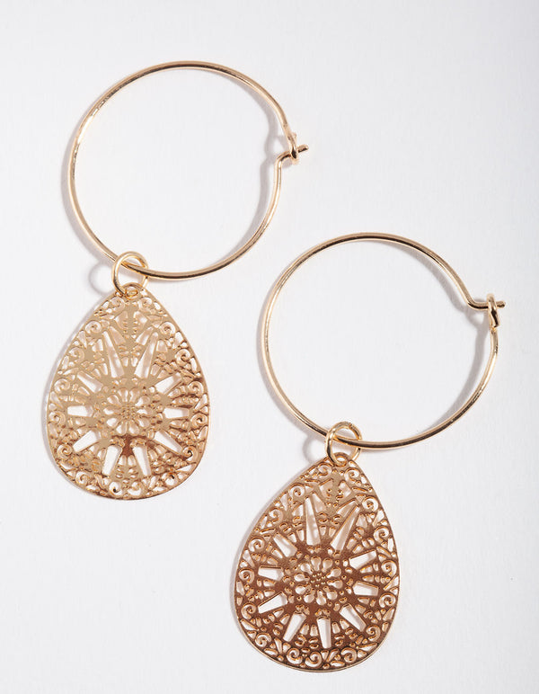 Rose Gold Filigree Charm Hoop Earrings