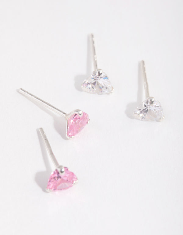 Sterling Silver Diamond Simulant & Cubic Zirconia Heart Stud Earring Pack