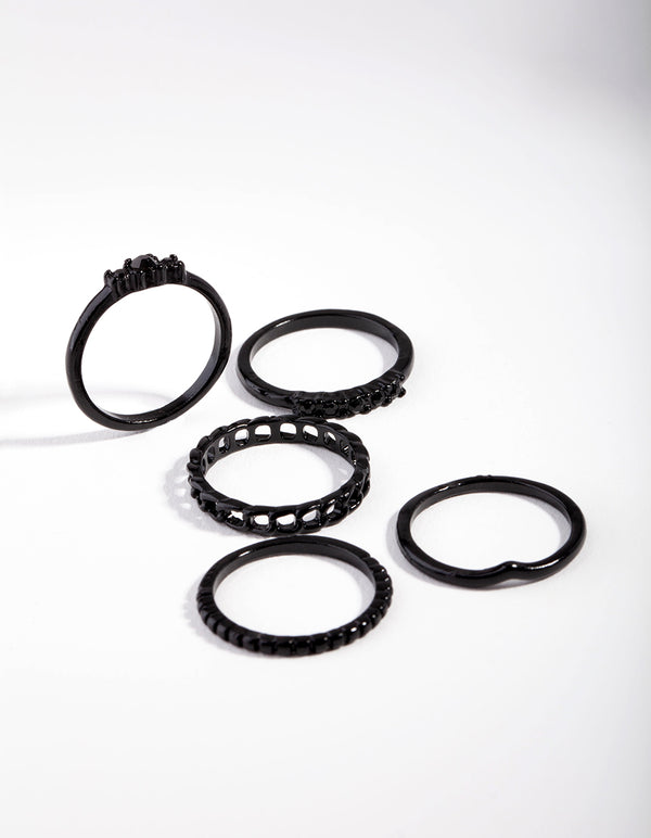 Black Diamante & Chain Ring 5-Pack