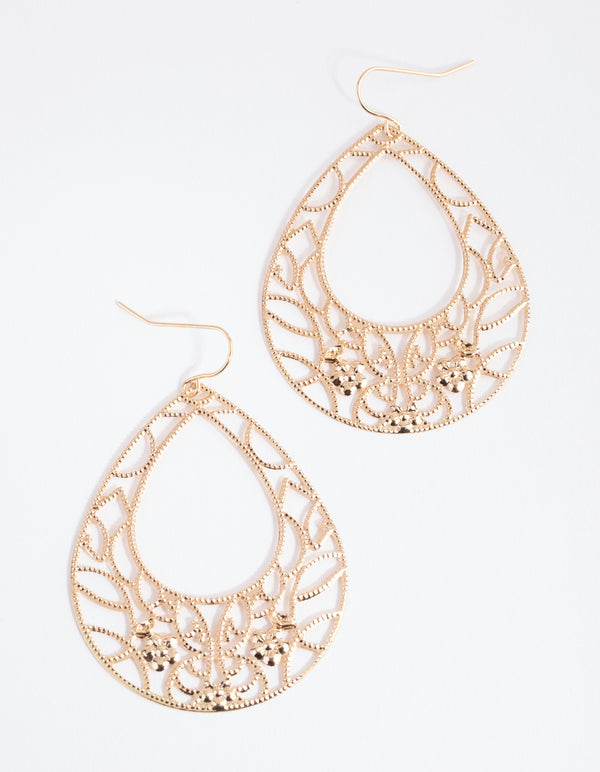 Gold Intricate Oval Drop Earrings