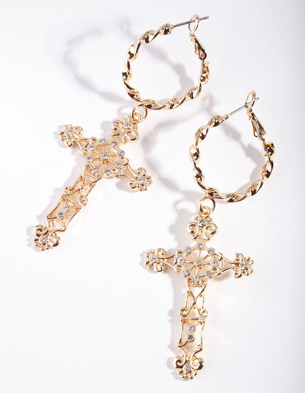 Gold Rope Hoop Filigree Cross Earrings