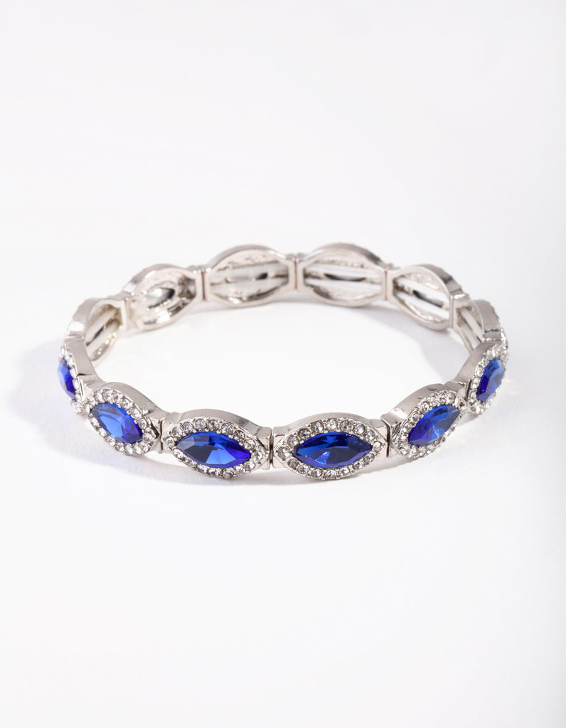 Rhodium Marquise Blue Diamante Stretch Bracelet