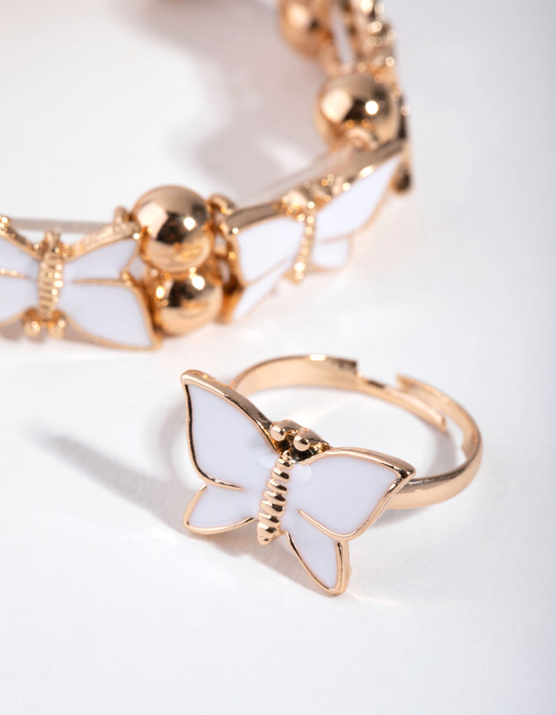 Kids Gold Enamel Butterfly Stretch Bracelet & Ring