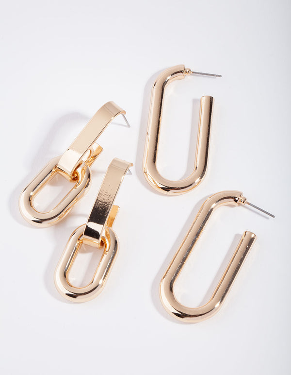 Gold Pack Rectangle Link & Hoop Earring