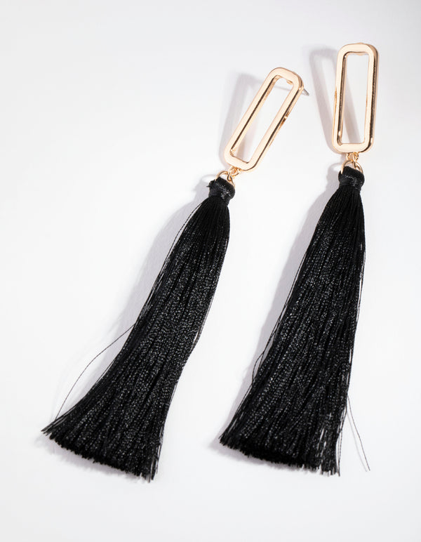 Gold Rectangular Tassel Drop Earrings