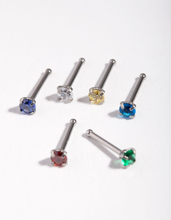 Surgical Steel Rhodium Dainty Diamante Nose Stud 6-Pack