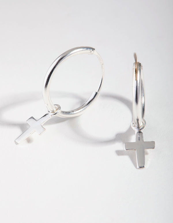 Silver Stud Mini Cross Hoop Earrings