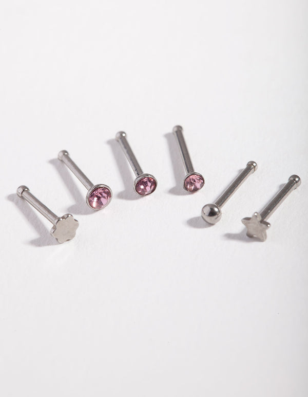 Surgical Steel Rhodium Graduated Star Nose Stud 6-Pack