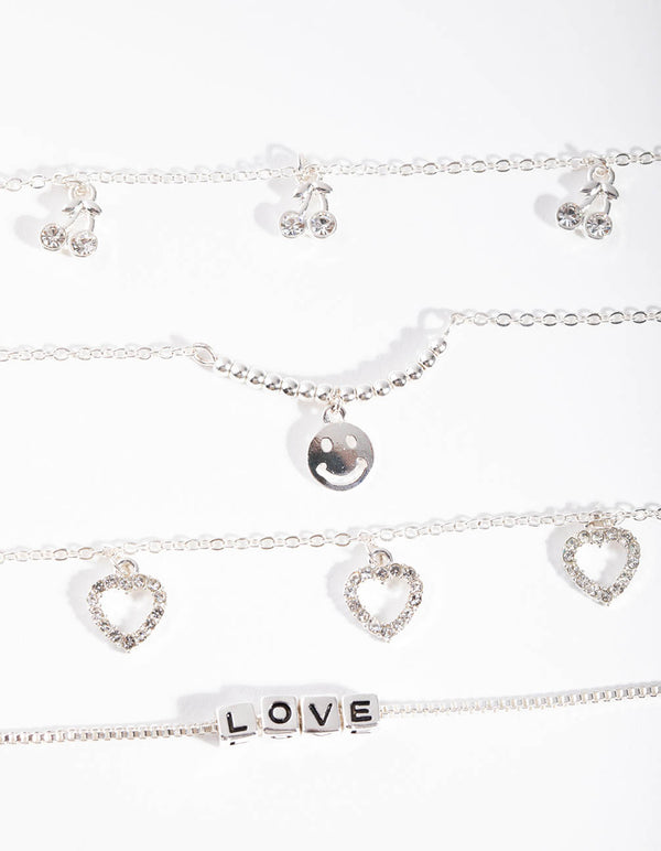 Silver Love Cherry 4-Pack Bracelet & Anklet Set