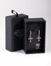 Rhodium Diamond Simulants Cross Huggie Earrings - link has visual effect only